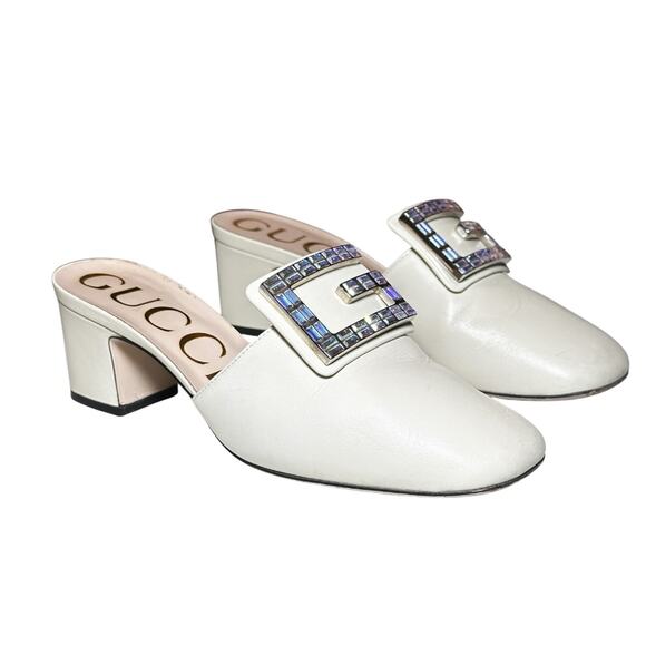 Gucci Madelyn Crystal Square G Logo Ivory Leather Mules Slides Heels Size 37.5 - Picture 1 of 9